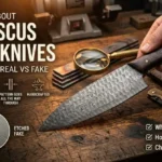 Handcrafted Damascus steel chef knife held over a wooden workbench with a guide on how to spot real vs fake blades.