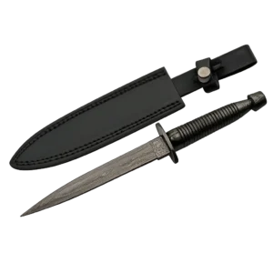 Damascus steel commando dagger with black leather belt sheath.