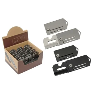 Detail view of the integrated bottle opener and box cutter on the utility knife.