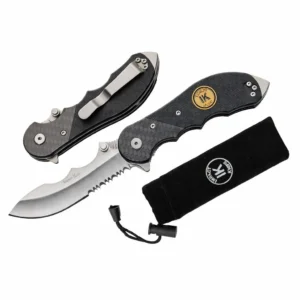 Defender G10 folding knife shown open, closed, and with its velvet storage pouch.