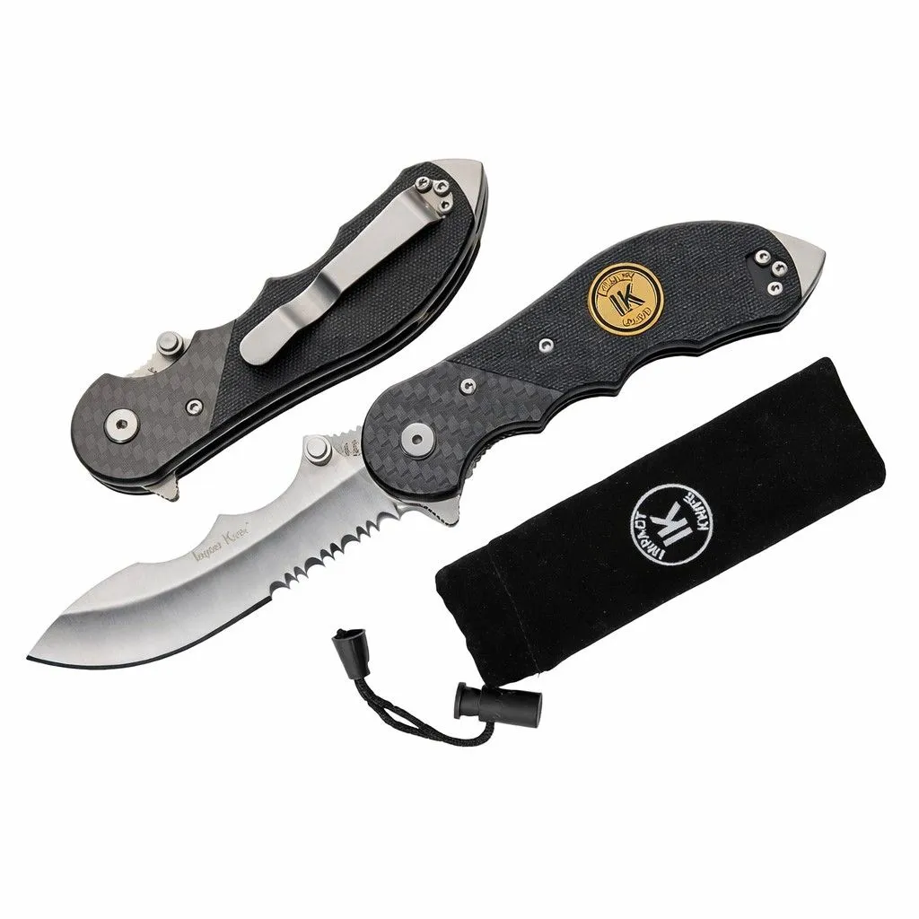 defender-g10-folding-knife-set Defender G10 folding knife shown open, closed, and with its velvet storage pouch.