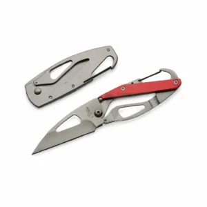 Stainless steel carabiner folding knife with red handle shown in the open position.