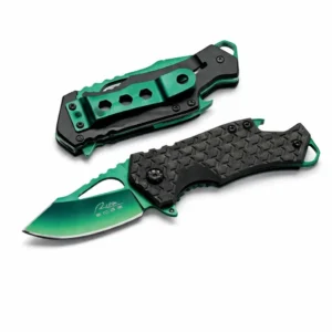 Green stainless steel folding knife shown in both open and closed positions.