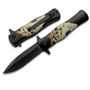 Stainless steel black folding drop point knife shown in both open and closed positions with card graphic handle.