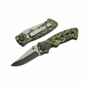 Camo aluminum folding knife set showing both open and closed positions for size comparison.