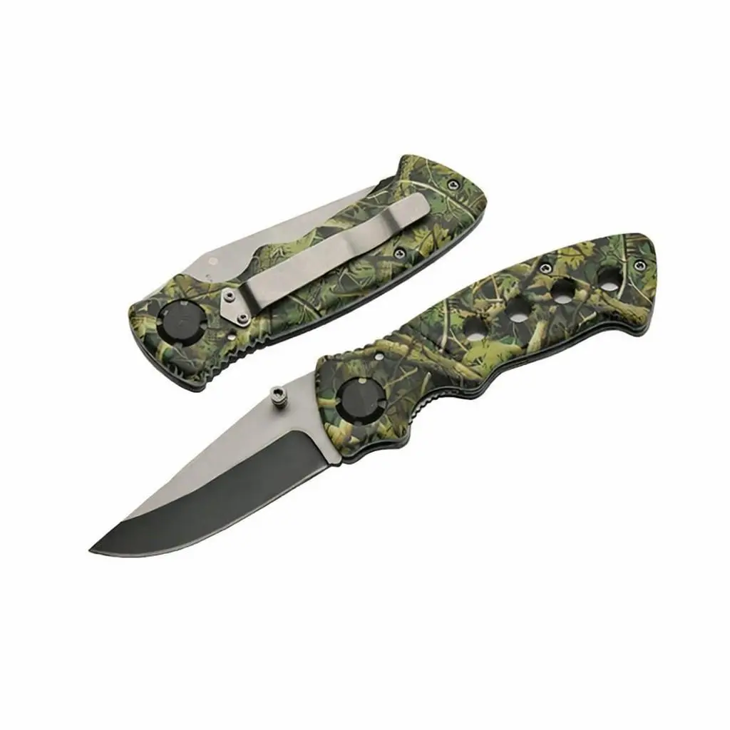 camo-folding-knife-open-closed-set. Camo aluminum folding knife set showing both open and closed positions for size comparison.