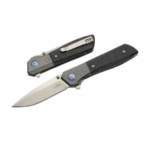 Riverray folding knife displayed in both open and closed positions showing satin blade and G10 handle.