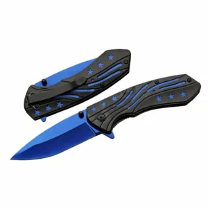 Blue stainless steel folding knife with stars and stripes aluminum handle in open position.