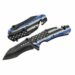 Police flag aluminum folding knife shown in open and closed positions with black blade.
