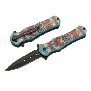 Stainless steel liner lock folding knife with black blade and skull headdress handle.