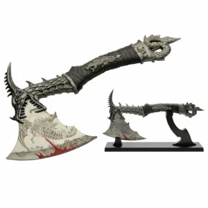 Stainless steel dragon hatchet with etched blade graphic.