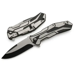 Black titanium folding utility knife with stainless steel blade and pocket clip.