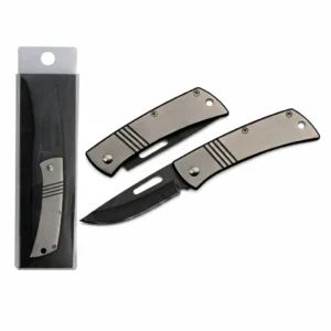 Multi-view of the engravable EDC folding knife showcasing its slim design, black blade, and retail packaging.