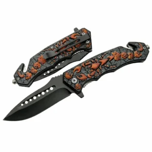 Scorpion ABS Folding Knife with black blade and orange textured handle.