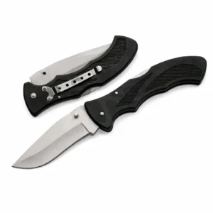 Black folding lockback knife with stainless steel clip point blade.