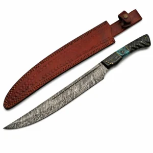 Damascus steel machete with custom leather belt sheath.