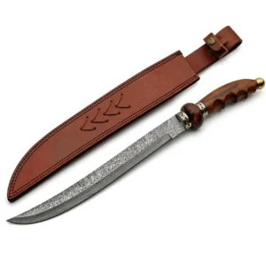 Ural Damascus steel saber displayed alongside its custom hand-stitched leather belt sheath.