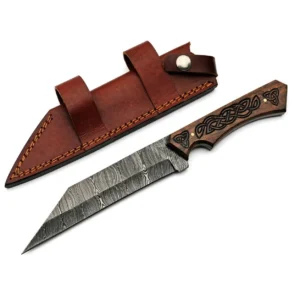 Damascus fixed blade seax knife with engraved wood handle and leather sheath.