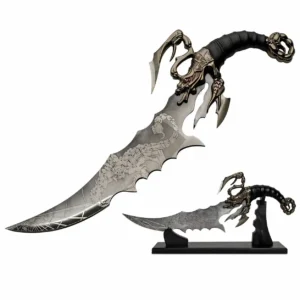 Stainless steel scorpion themed fixed blade knife with graphic etch.