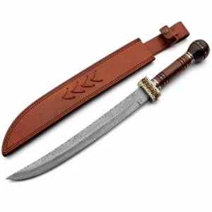 Full set of the Axevar Damascus steel short sword resting beside its premium hand-stitched leather sheath with decorative stitching.