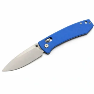 Blue G10 folding knife with 8Cr13 stainless steel blade in open position.