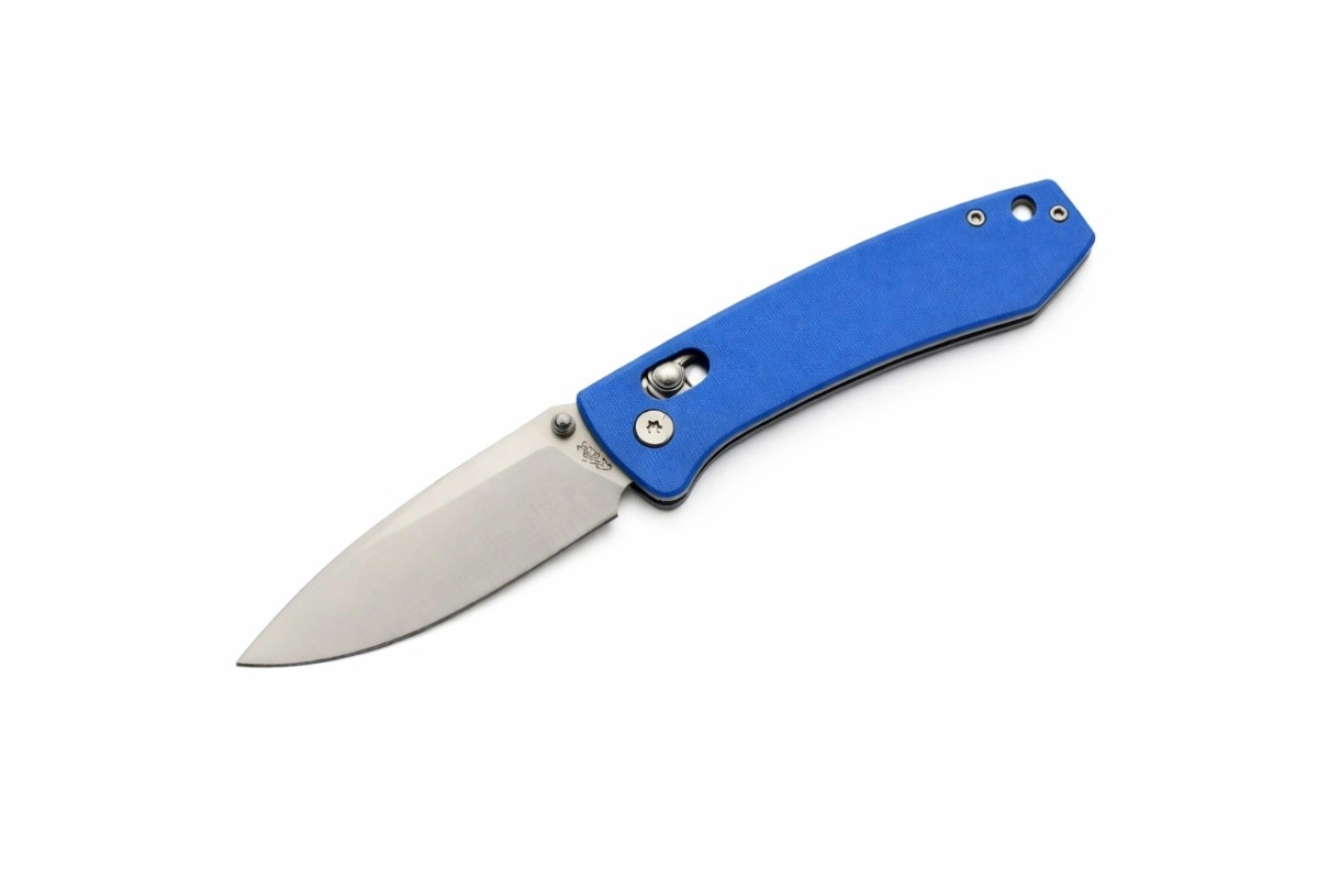 blue-g10-rolling-lock-folder-open. Blue G10 folding knife with 8Cr13 stainless steel blade in open position.