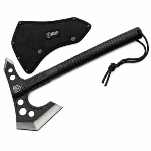 Stainless steel bearded tactical axe with black finish.