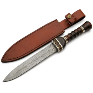 Full set of an Axevar pattern welded steel fixed blade sword featuring a brass-studded wood handle next to its hand-stitched leather sheath.