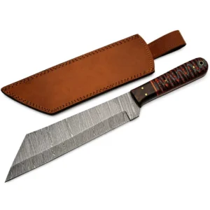 Full view of the Axevar Smokewood Seax featuring a Damascus steel blade and its premium leather sheath.