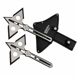 Two stainless steel throwing axes with black tactical belt sheath.