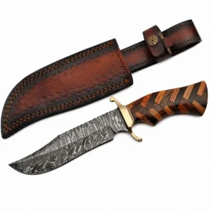 Damascus hunting knife with sawback spine and brown leather sheath.