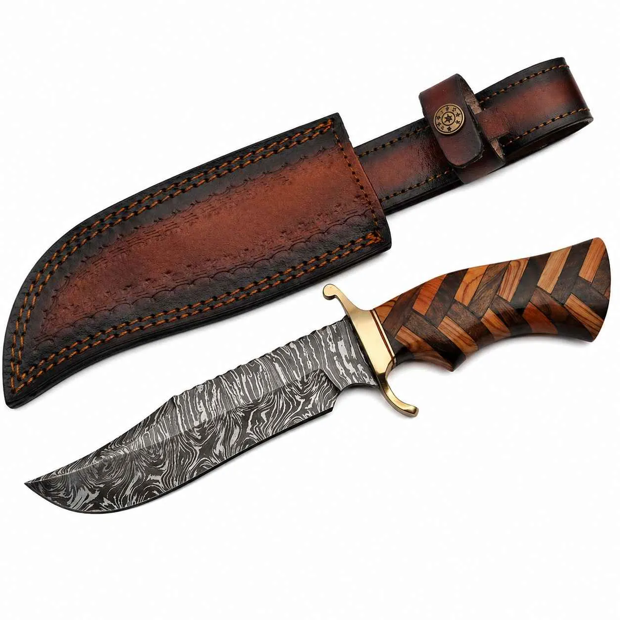 damascus-sawback-hunting-knife-with-leather-sheath Damascus hunting knife with sawback spine and brown leather sheath.