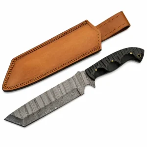 Full-tang Damascus tanto cleaver with tan leather sheath.