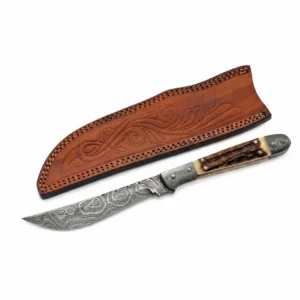 Damascus steel hunting knife with a genuine stag antler handle and embossed leather sheath.