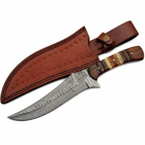 Damascus steel fixed blade hunting knife with carved wood and bone handle and leather sheath.