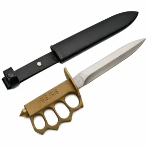 Brass handle trench knife with hardshell sheath.