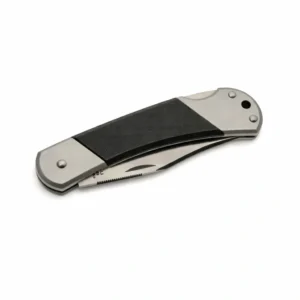 A closed G10 lockback folding knife with a grey titanium-finished handle and black textured inlay.