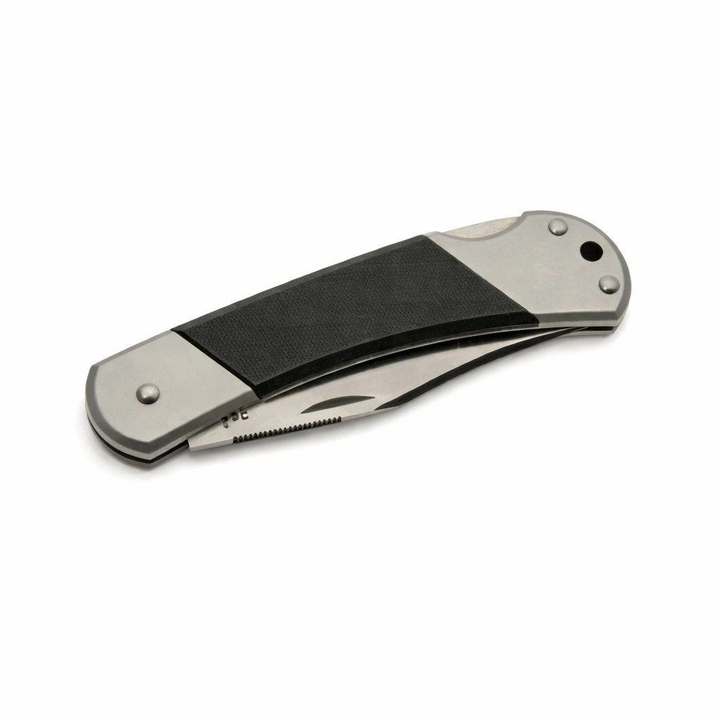 g10-lockback-folding-knife-closed A closed G10 lockback folding knife with a grey titanium-finished handle and black textured inlay.