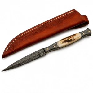 Damascus steel slim dagger with genuine stag handle and leather sheath.