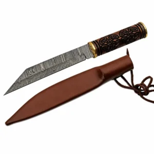 Celtic knot damascus seax with engraved wood handle and leather sheath.