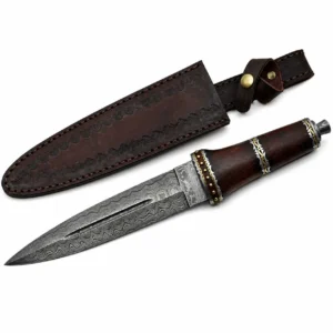 Damascus steel fancy dirk with ornate wood handle and leather belt sheath.