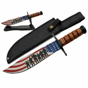 Patriotic stainless steel bowie knife with flag and soldier blade graphic.