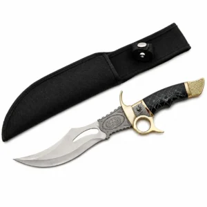 Black Widow Bowie fixed blade knife with gold guard and resin handle.