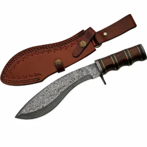Damascus Kukri knife shown with its leather carry sheath.