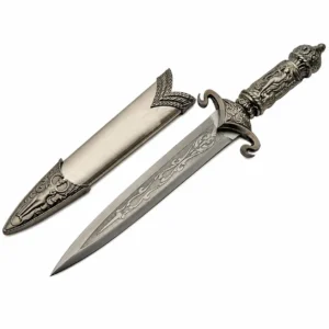 Stainless steel maiden dagger with pewter finish handle and scabbard on white background.