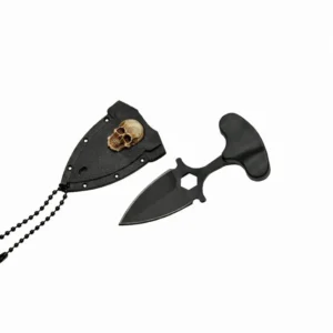 Black stainless steel neck push dagger with skull emblem hard sheath and neck chain.