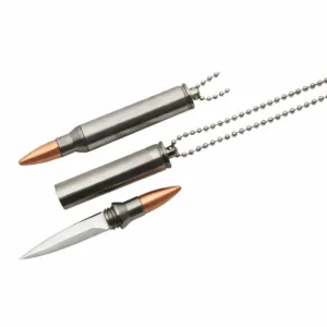Stainless steel bullet pendant neck knife with blade unscrewed.