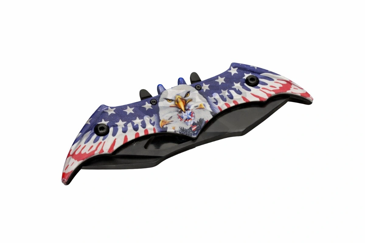 eagle-twin-blade-folder-closed Dual blade assisted opening folding knife in closed position showing eagle print.