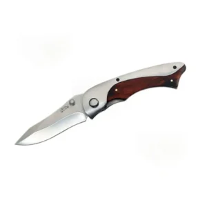 Stainless steel folding pocket knife with wood handle in open position.