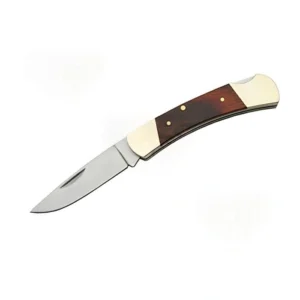 Fully deployed pakkawood folding knife showing lockback mechanism.